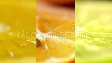 柠檬就<strong>快了</strong>。 美丽多汁的黄色橙色和绿色石灰。 一个视频上的几个帧。 柑橘类水果拼贴